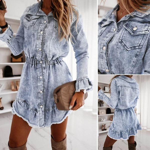 

38#women's casual turndown neck denim long party dresses long sleeve swing short dress empire v-neck elegant mini dresses1, Black;gray