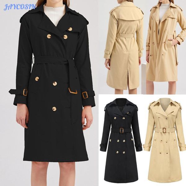 

jaycosin women jacket fashion solid color windbreaker women casual long sleeve waistcoat buttons belt long coat female #j151, Tan;black