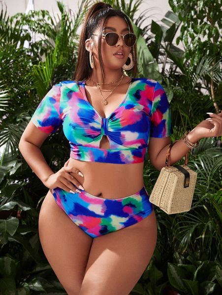 

plus tie dye ruched high waisted bikini swimsuit n91k#, Black