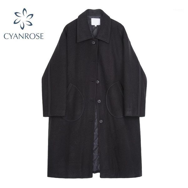 

winter trench coat women korean fashion black cashmere wool outerwear female long thickening warm woolen overcoat streetwear1