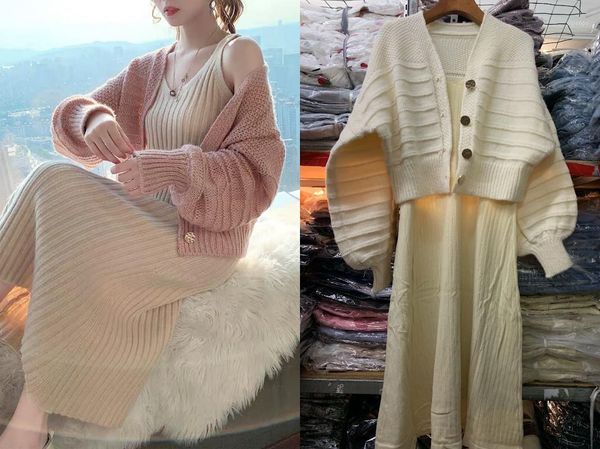 

two piece dress fashion 2021 spring style thin strap korean version of high cold yujie fengqiu net red knitted suit1, White