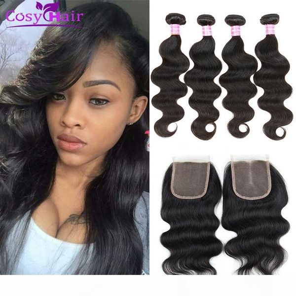 

human virgin hair body wave brazilian virgin hair weave bundles weft with body wave lace closure, Black;brown