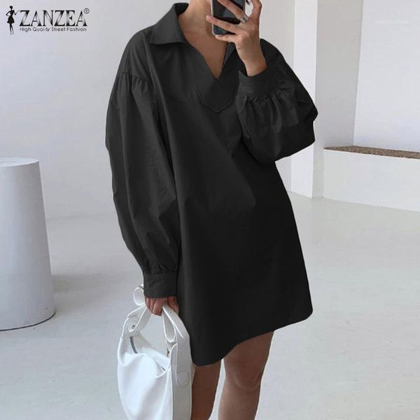 

stylish summer dress women's sundress zanzea casual puff sleeve v neck shirt vestidos female button mini tunic robe oversized1, Black;gray