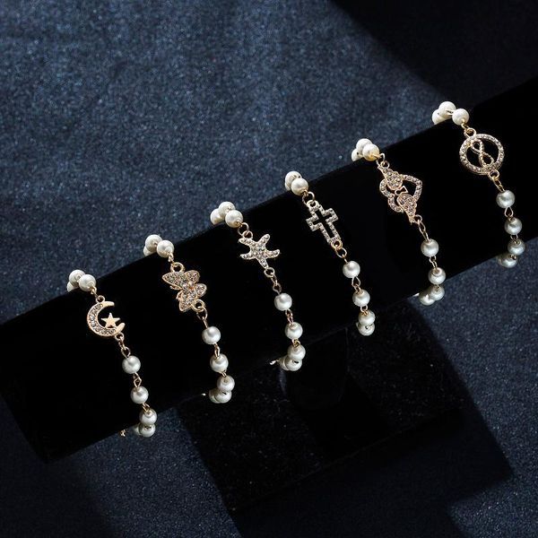 

women gold chain pearl bracelets love cross moon star starfish butterfly hollow pendant rhinestone pearl beads bracelet jewelry, Black