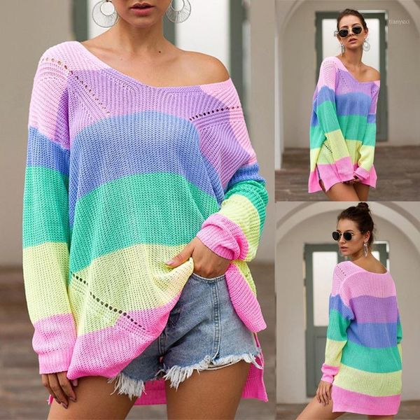 

jaycosin shirts women autumn winter plus size patchwork long sleeve rainbow stripe print knit long sleeve tee 19july251, White