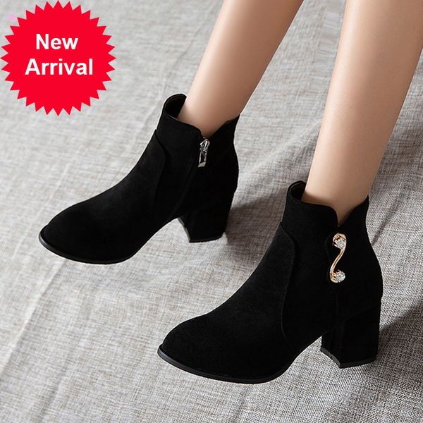

2021 the new party style round ankle bracelet black zipper with high heels robust riding boots women's shoes knly