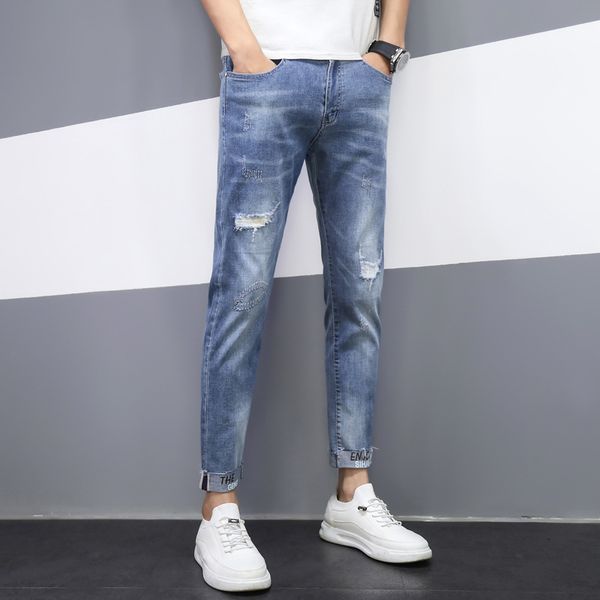 

men's straight feet slim holes jeans male elastic waist ny, Blue