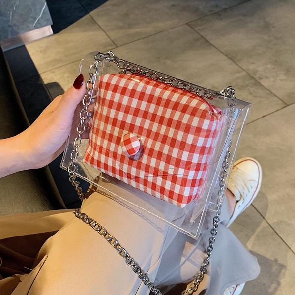 

new wave korean joker messenger bag chain shoulder plaid summer transparent bag