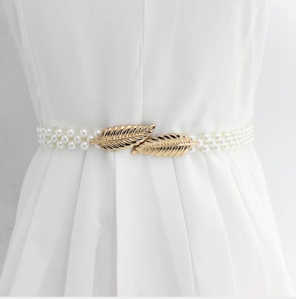

1pcs элегантных женщин талии упругие пряжка pearl цепь пояса женские девушки платье кристалл ремень, Black;brown