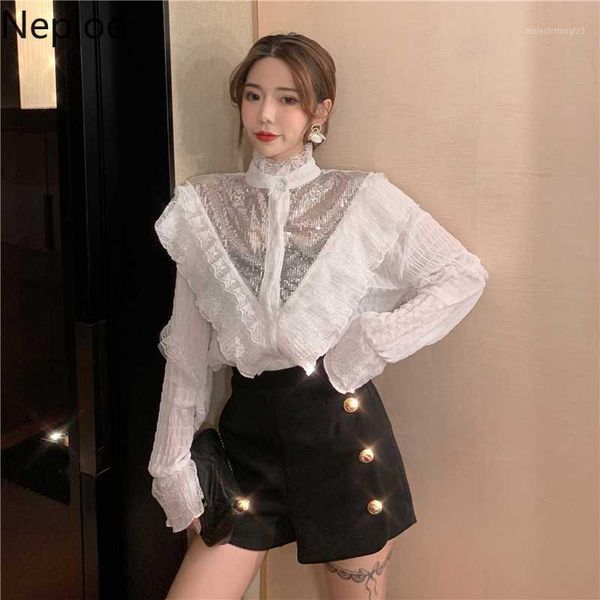 

women's blouses & shirts neploe women sequins patchwork chiffon blouse korean fashion long sleeve stand neck blusas single breasted sli, White