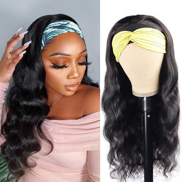 

abijale body wave wig headband wig glueless human hair wigs for black women headband scarf wig brazilian hair wigs remy, Black;brown