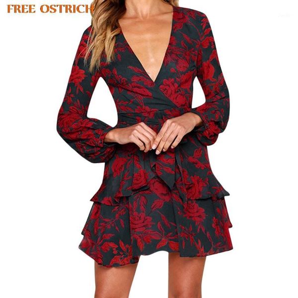 

ostrich new women printing ruffles dress long sleeve v-neck evening party mini dress 2019 fashion womens dresses1, Black;gray