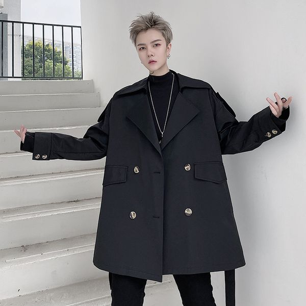 

design sense falling shoulder sleeve epaulets big lapel loose medium length windbreaker men's double breasted large size jacket, Tan;black