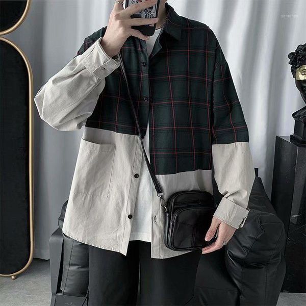 

autumn plaid shirt men's fashion contrast color retro casual shirts mens streetwear wild loose korean long-sleeved shirt men1, White;black