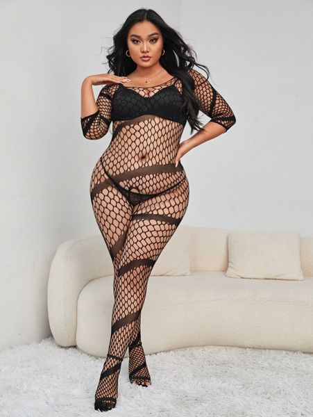 

plus fishnet crotchless bodystocking without lingerie e9pu#, Black;white