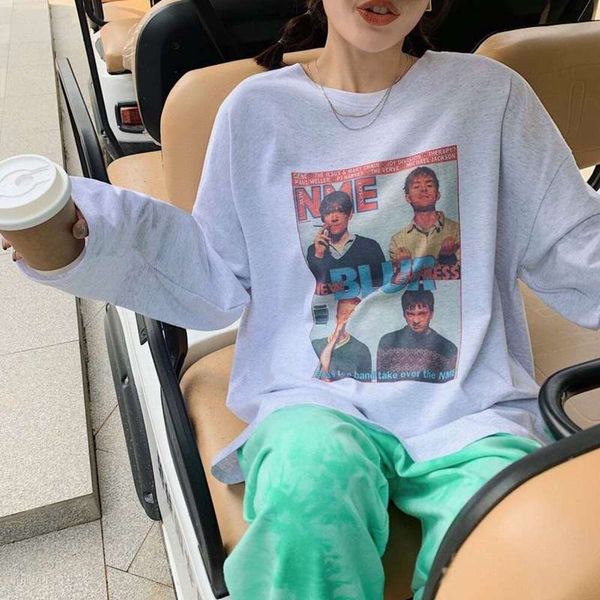 

and autumn 2020 new style spring loose size show thin ins wear large printed long sleeve t-shirt bottoming women, Black;gray