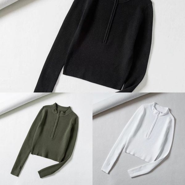 

half t-shirt zipper zipper mock neck waist tight knit 2020 spring versatile slim fit short t-shirt for women nwfxj, White