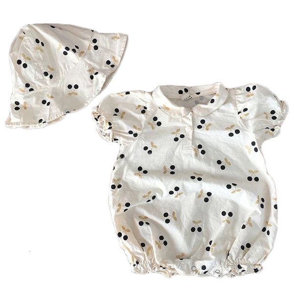 

2021 new summer clothing korean style jumpsuits girls clothes cherry emobroidery baby bodysuits cute with hat infant 1osm, Blue