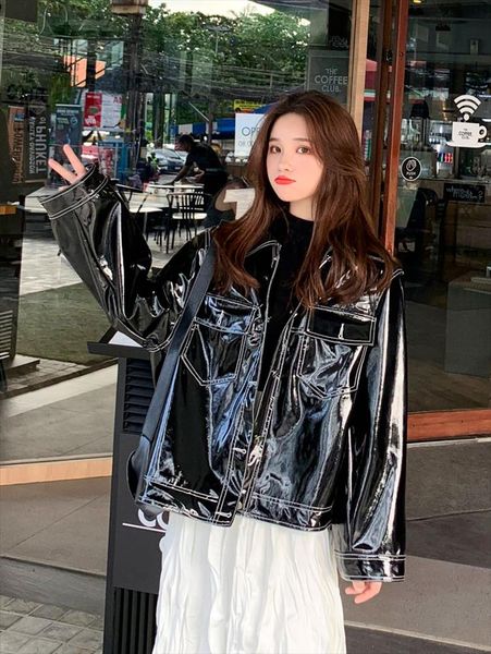 

spring soft patent leather jacket women long sleeve fall clothes for women plus size reflective faux leather shirt, Black