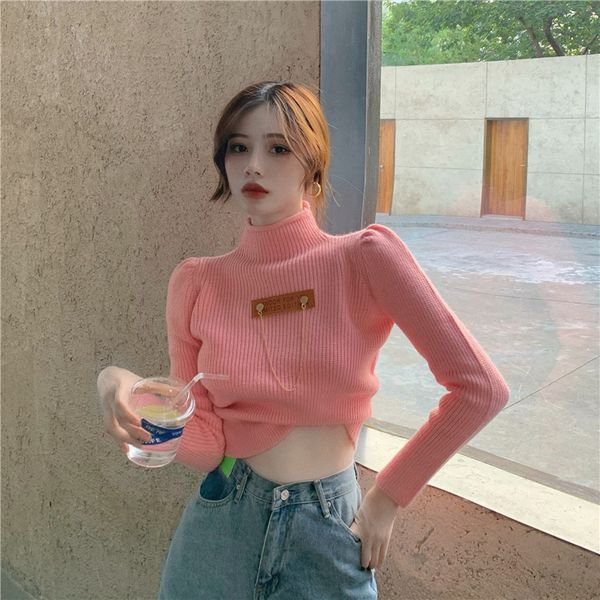 

korean fashion blogger's half high neckline and slim short sweater, White;black