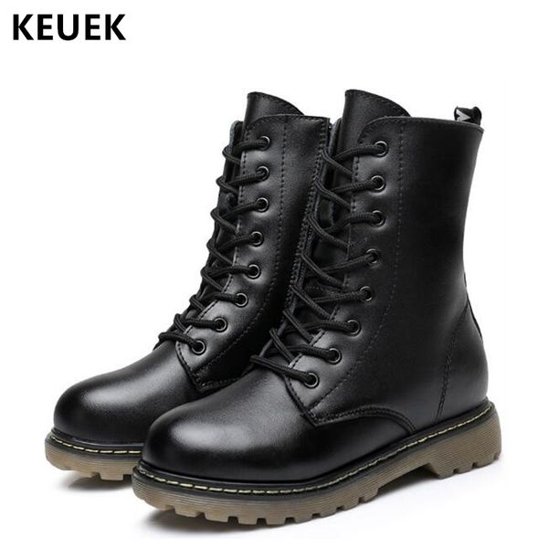 

autumn winter children snow genuine leather girl boy black motorcycle mid-calf military boots kids shoes 060, Black;grey