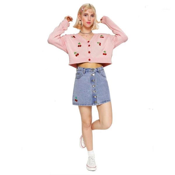 

kawaii pink white cherry embroidery knitting cardigan for girls new women long sleeve knitted sweaters winter sweater tunic 1