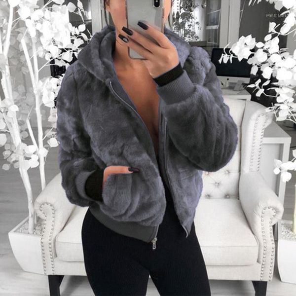 

2019 faux fur coat women with hood new oversize coats high waist female slim fit overcoat winter warm plush jackets outwear1, Black