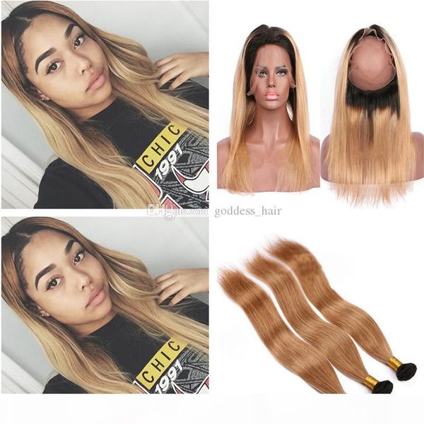 

honey blonde #1b 27 pre plucked 360 frontal with hair weaves malaysian virgin ombre straight hair weft with 360 frontal, Black;brown