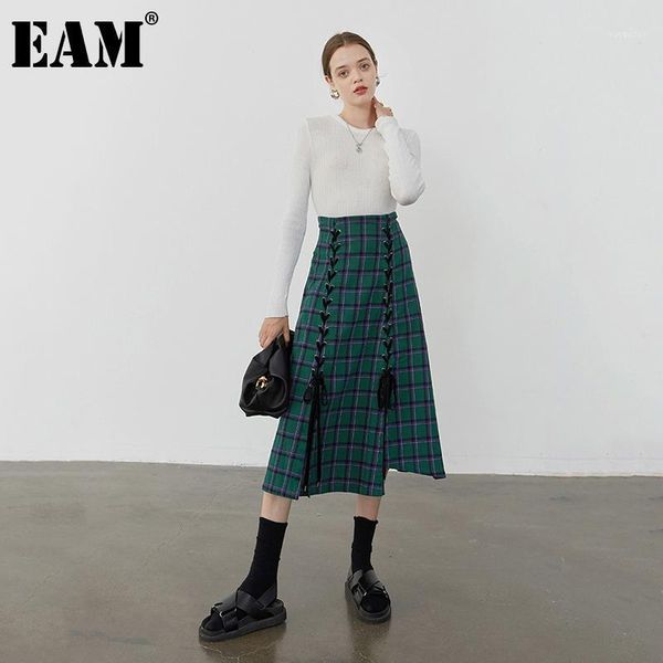 

eam] high waist green plaid vent bandage temperament long half-body skirt women fashion tide new spring autumn 2020 1da5901, Black