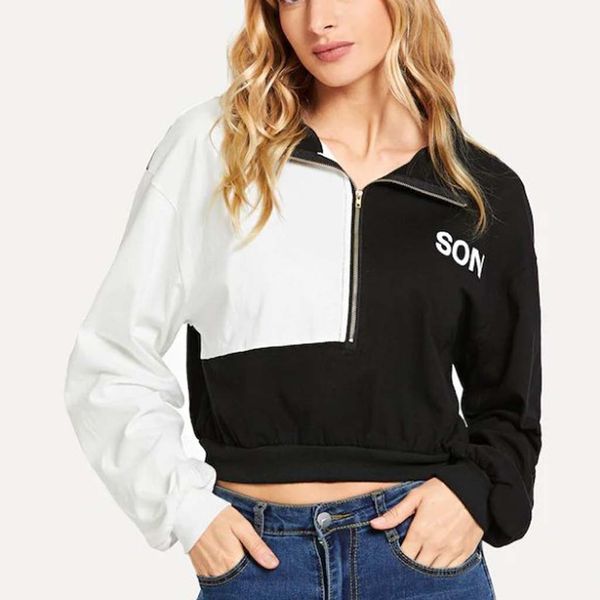 

women's zipper collar letter print color matching long sleeve coat ladies' jacket gift warm winterdirect sales, Black;brown