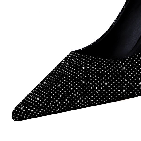 

women 7cm 9.5cm high heels wedding crystal bridal lady scarpins flock low heels glitter bling stiletto party shoesmultifunction, Black