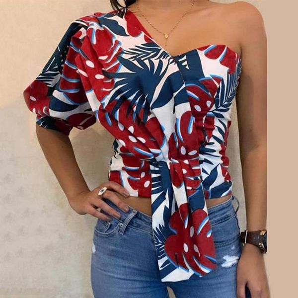 

2020 printed one shoulder half sleeve blouse chiffon women blouses summer blouse shirts for women clothing blusa f3#, White