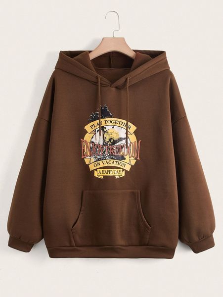 

plus slogan & palm tree print drop shoulder drawstring thermal hoodie 02de#, Black