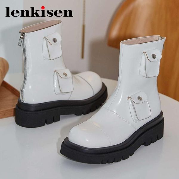 

boots lenkisen western cow leather round toe thick bottom high street fashion beauty lady leisure back zip chic ankle l21, Black