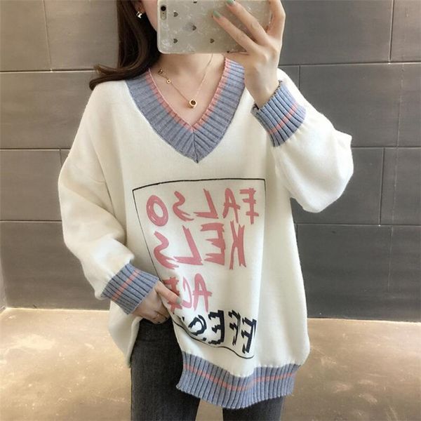 

yyhax pulloverkorean new winter large size women's pullover autumn pulloverv-neck pullover sweaterloose and lazy styleversatile knittin, White;black