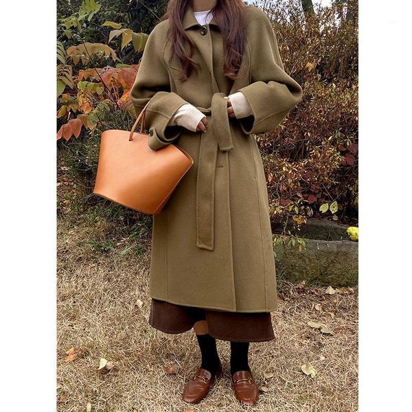 

edition loose thickening double-sided woolen cloth coat temperament and the new long over-the-knee female cloth coat1, Black