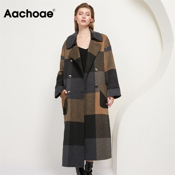 

aachoae women vintage plaid woolen long coat with pockets double breasted fashion overcoat female batwing long sleeve wool coats lj201128, Black