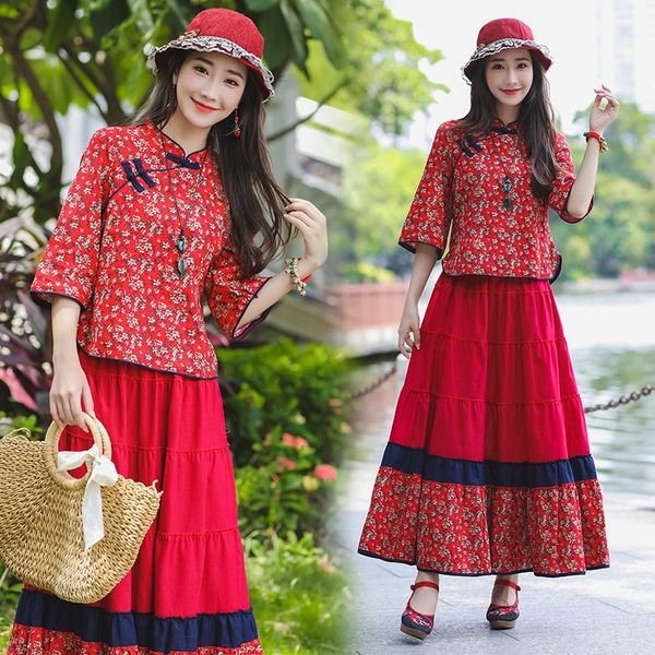 

autumn new national style improved big national big skirt qipao cotton and hemp jacket two pieces of half length and large swing skirt ln56a, Gray