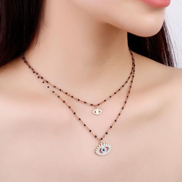 

chokers 2 multilayer crystal pendant necklace for women black beads chain blue evil eye choker necklaces jewelry 2021, Golden;silver