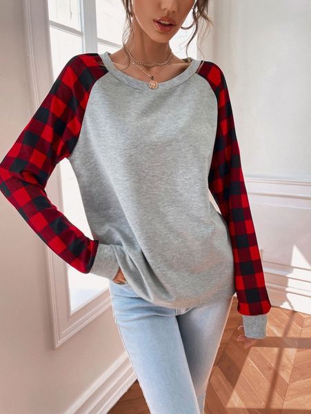 

contrast buffalo plaid sleeve sweatshirt 612y#, White;black