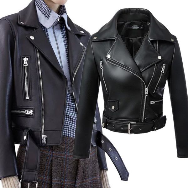 

2021 new women black faux jacket autumn winter short soft leather jackets belt moto biker coat 90x0