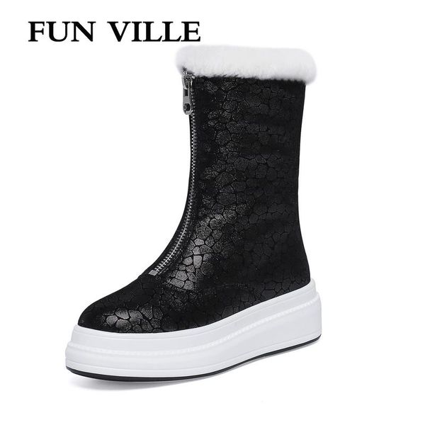 

fun ville women ankle boots genuine leather sheepskin winter warm wool snow boots thick platform flats shoes woman sexy, Black
