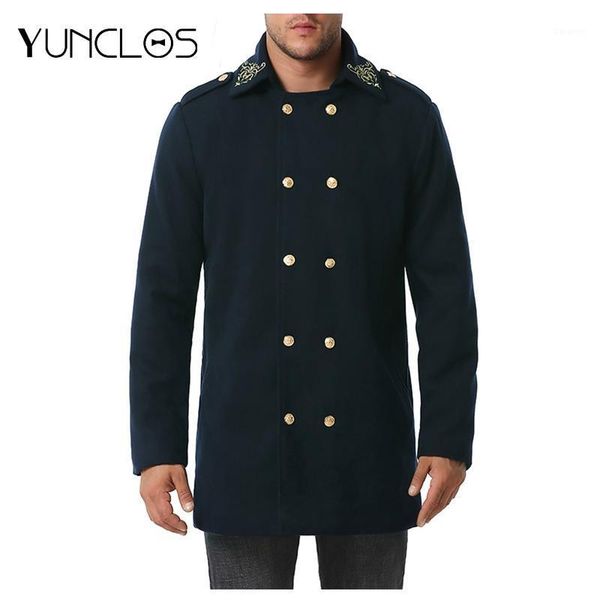 

yunclos winter jacket men windbreaker jacket trench men long solid color lapel coat navy style outwear1, Black