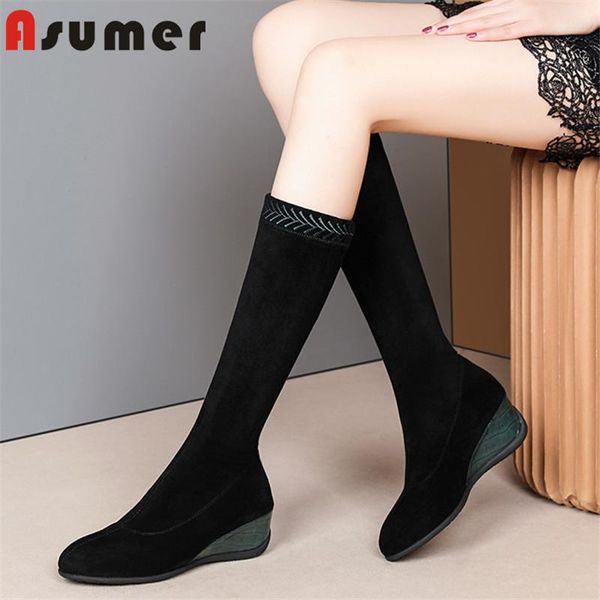 

asumer 2020 new arrive women knee high boots mixed colors flock autumn winter stretch boots autumn winter wedges shoes woman, Black
