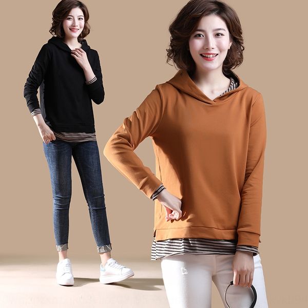 

large women's loose long sleeve t-shirt women's sweater fat mm thin hooded fake two spring and autumn bottom coat t-shirt coat hdl, White