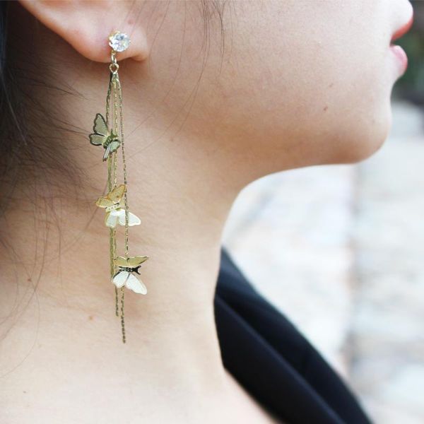 

dangle & chandelier stainless steel tassel butterfly earrings for women with zircon crystal bohemia drop earring jewelry trendy accessories, Silver