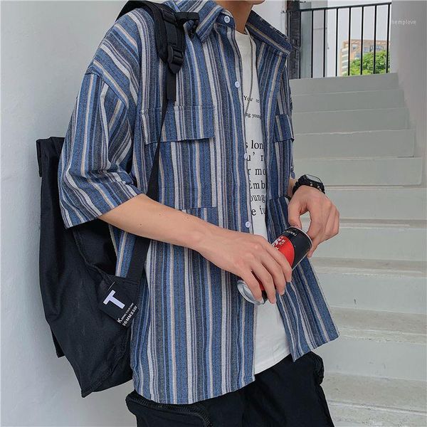 

summer striped shirt men's fashion business casual dress shirt streetwear social men wild loose short sleeve -5xl1, White;black