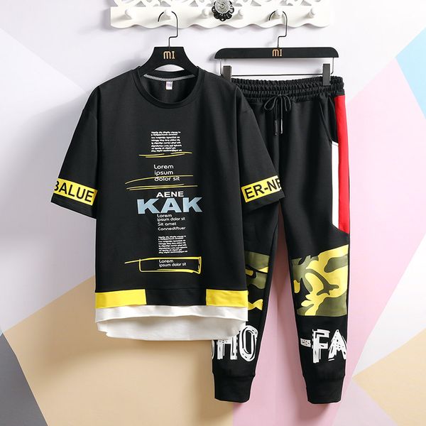 

men's japanese streetwear sets men patchwork print t-shirt sweatpants hip hop korean clothes male kg-11, Gray