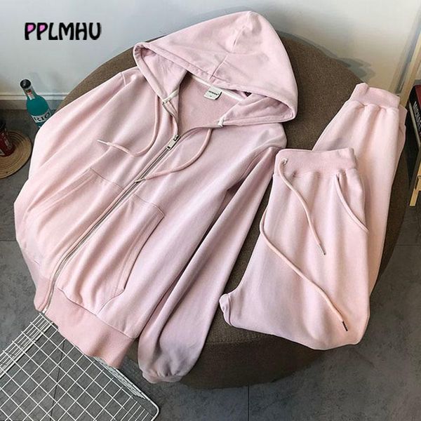 

women's tracksuits solid zipper loose cotton tracksuit two piece sets women fashion drawstring elastic waist casual big kangaroo pocket, Gray