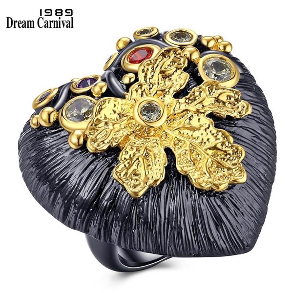 

dreamcarnival 1989 canadian heart shape vintage design women punk black gold color zirconia party lady rings zr14168, Golden;silver